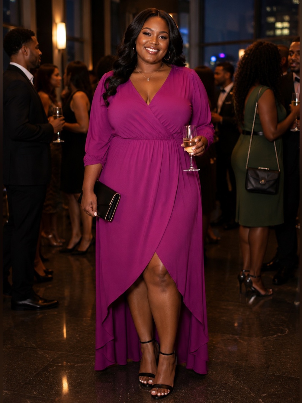 Lane Bryant Magenta Faux-Wrap High-Low Midi Dress